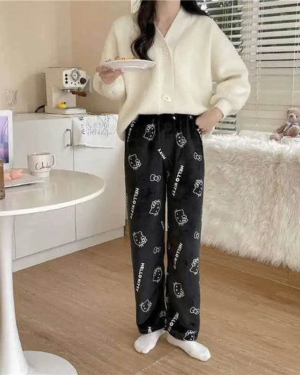 Kawaii Hello Kitty Schlafhose – Weicher, warmer Flanell für Zuhause, Herbst und Winter