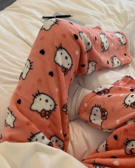 Kawaii Hello Kitty Schlafhose – Weicher, warmer Flanell für Zuhause, Herbst und Winter