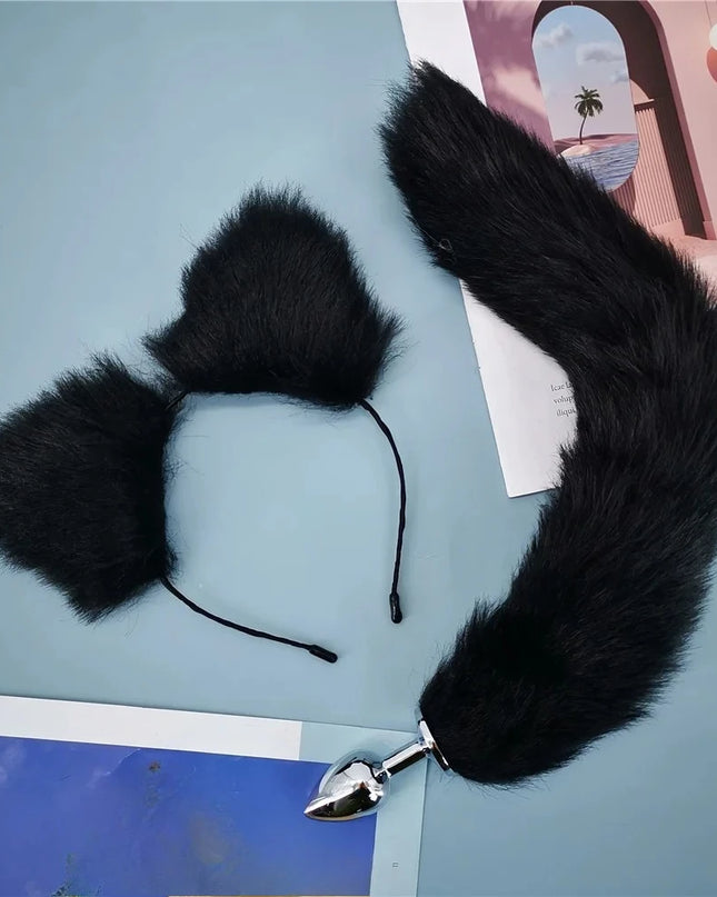 Plug Anal Cola de Zorro 40cm con Orejas de Gato de Peluche