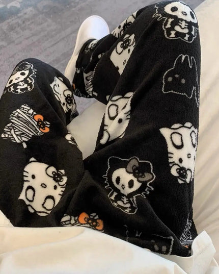 Kawaii Hello Kitty Schlafhose – Weicher, warmer Flanell für Zuhause, Herbst und Winter