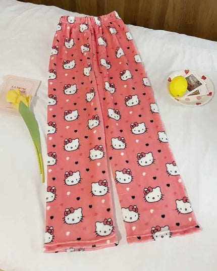 Kawaii Hello Kitty Schlafhose – Weicher, warmer Flanell für Zuhause, Herbst und Winter