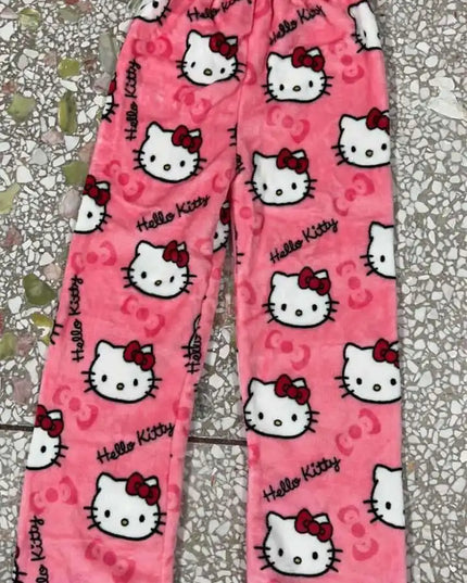 Kawaii Hello Kitty Schlafhose – Weicher, warmer Flanell für Zuhause, Herbst und Winter