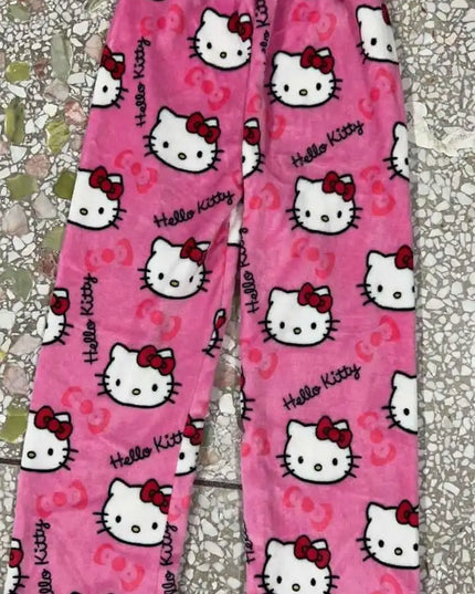 Kawaii Hello Kitty Schlafhose – Weicher, warmer Flanell für Zuhause, Herbst und Winter