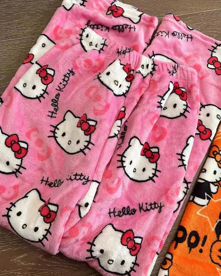 Kawaii Hello Kitty Schlafhose – Weicher, warmer Flanell für Zuhause, Herbst und Winter