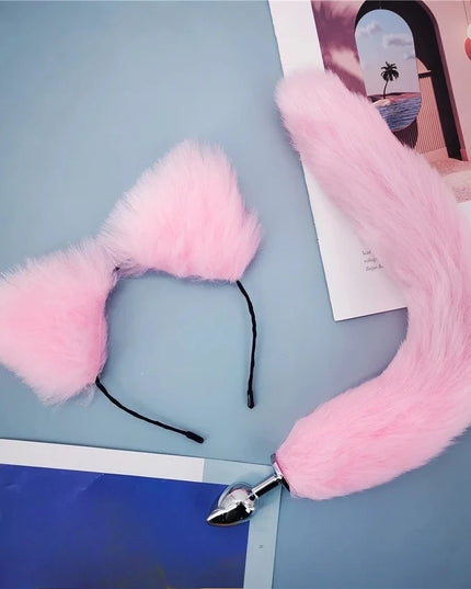 Plug Anal Cola de Zorro 40cm con Orejas de Gato de Peluche