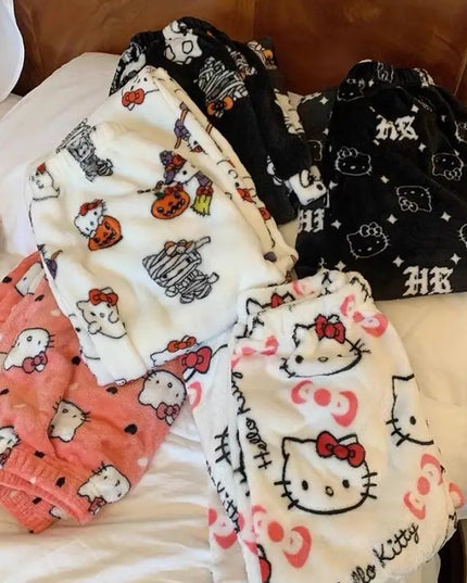 Kawaii Hello Kitty Schlafhose – Weicher, warmer Flanell für Zuhause, Herbst und Winter