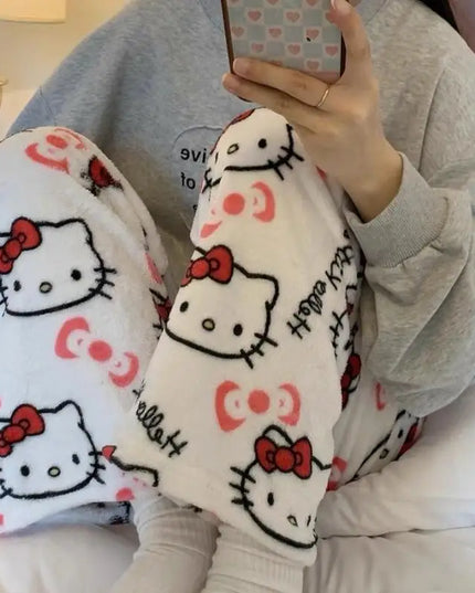 Kawaii Hello Kitty Schlafhose – Weicher, warmer Flanell für Zuhause, Herbst und Winter