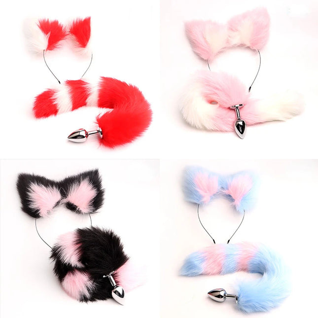 Plug Anal Cola de Zorro 40cm con Orejas de Gato de Peluche