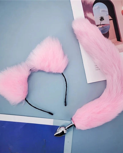 Plug Anal Cola de Zorro 40cm con Orejas de Gato de Peluche
